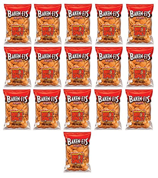 Baken-Ets Chicarrones, Hot'N Spicy Fried Pork Skins: 16 Bags of 1 Oz - Tj