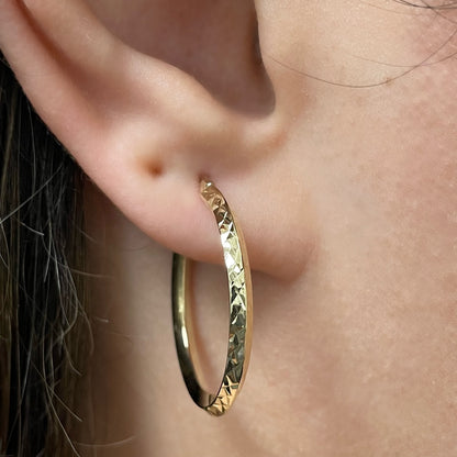 Italian 14K Yellow Gold Bright Shine Hammered Pinched Small Hollow Hoop Earrings