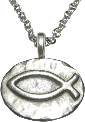 Silver Toned Pewter Oval Religious Ichthys Fish Pendant Stainless Steel Chain Necklace