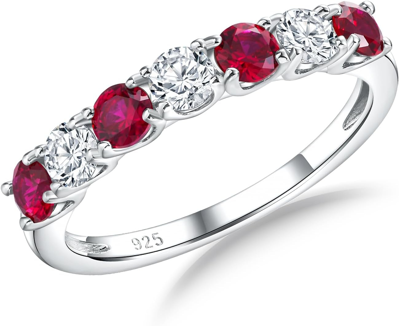 925 Sterling Silver Birthstone Rings for Women Created Gemstone Half Eternity Band 7 Stone Cubic Zirconia Wedding Band Birthstone Jewelry Size 6-10