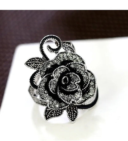 US/UK Trendy Women Retro Rose Flower Ring Black Crystal Vantige Big Flower Rings Jewelry Gift