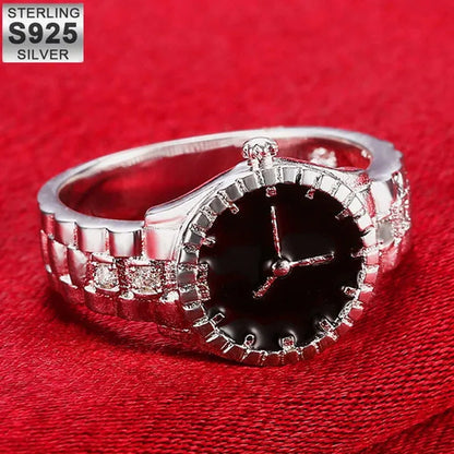 Creative 925 Sterling Silver AAA Zircon Watch Shape Ring for Women Fashion Wedding Engagement Party Gift Charm Jewelry
