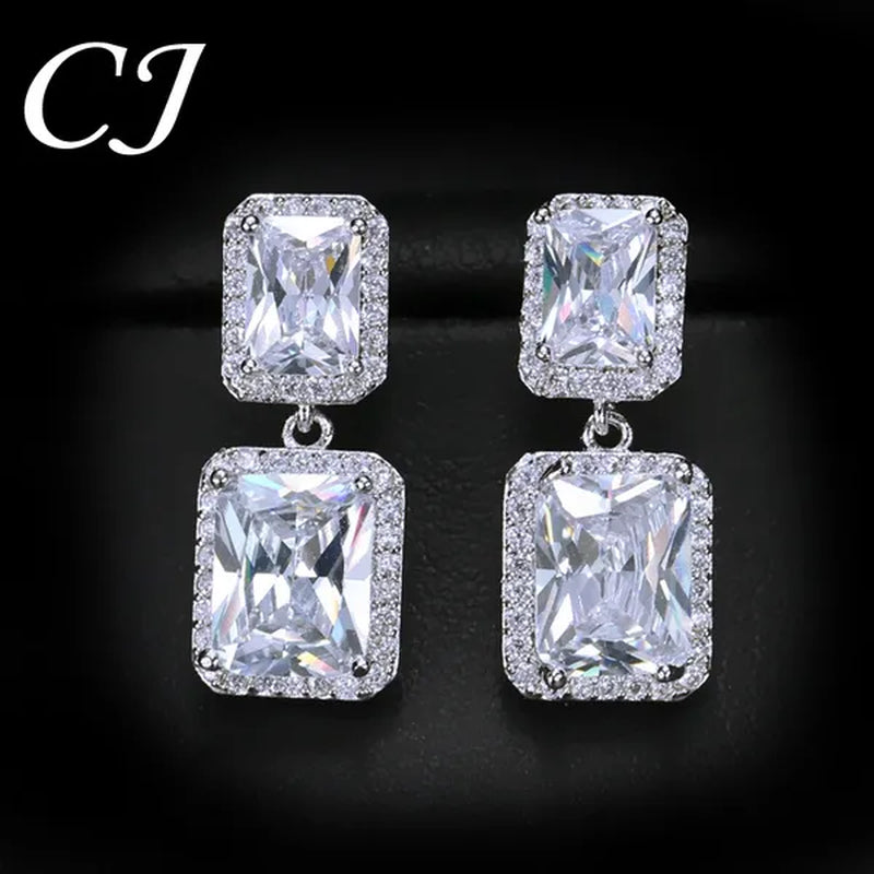 CANDICE Women Sparkling Banquet Drop Earrings Setting White Gold Plating Double Square Cubic Zirconia Dangle Ear Jewelry For Wedding Party