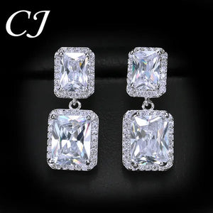 CANDICE Women Sparkling Banquet Drop Earrings Setting White Gold Plating Double Square Cubic Zirconia Dangle Ear Jewelry For Wedding Party