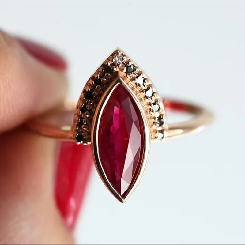 Unique Natural Rhombus 2 in 1 Ruby Engagement  Ring Marquise Bridal  Wedding Ring With Black Diamonds Women Ruby Ring Diamond Fine Jewelry Set （size 5-11）
