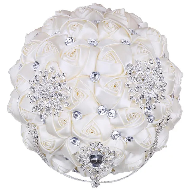 21CM Beautiful Rhinestone Tassel Wedding Bouquet Diamond Brooch Bouquet Satin Rose Bridal Holding Flower DIY Wedding Supplies