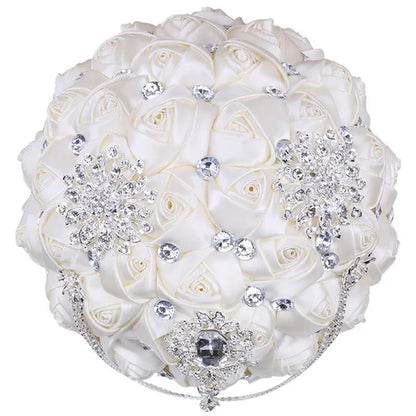 21CM Beautiful Rhinestone Tassel Wedding Bouquet Diamond Brooch Bouquet Satin Rose Bridal Holding Flower DIY Wedding Supplies