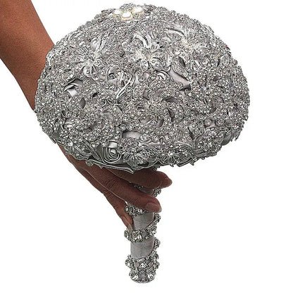 18CM Luxurious Shiny Full Diamonds Brooch Bouquet Silver Rhinestone Bridal Bouquet Ribbon Satin Rose Wedding Bride Holding Flowers