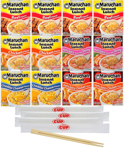 Ramen Instant Lunch Variety, 5 Flavors (Pack of 12) with  Chopsticks