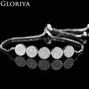 Gloriya Glitter 5 Pcs Round Shaped Full Micro Inlay Tiny CZ Zirconia Designer Bar Slider Bracelet Women Jewelry With White Gold Plated（Size :Adjustable）