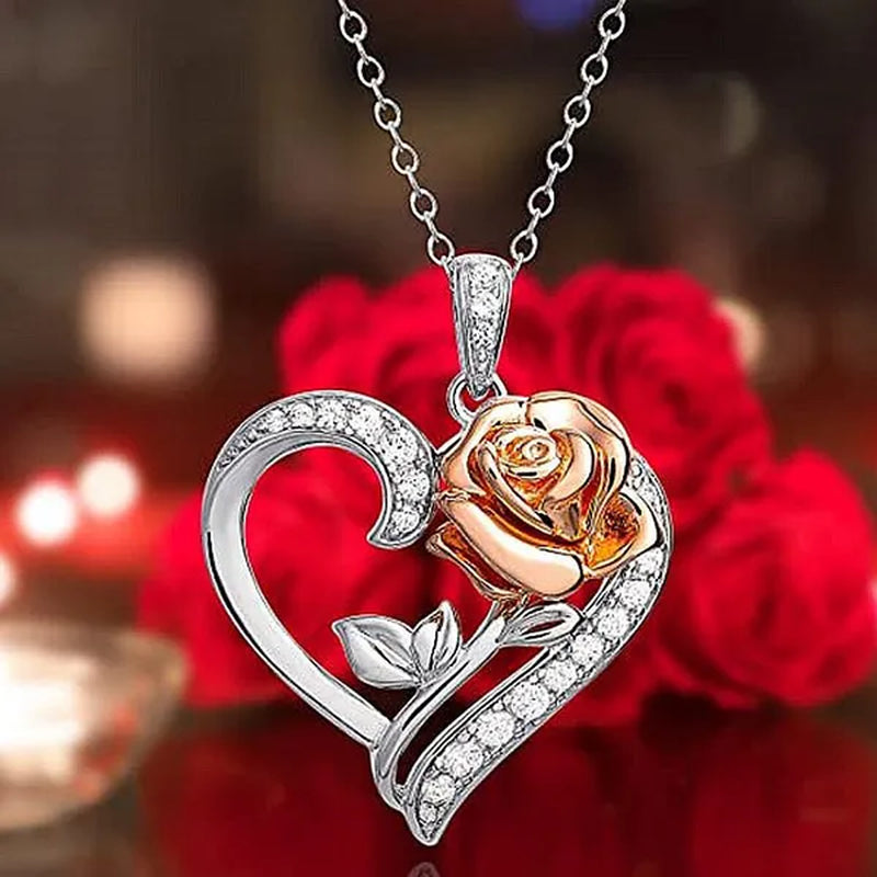 Exquisite Fashion Heart Rose Zircon Necklace Couple Heart Pendant Engagement Necklaces for Women Rose Jewelry Wedding Accessories Birthday Party Anniversary Gift