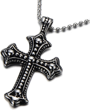Men'S Stainless Steel Gothic Cross Necklace, Distressed Silver Tone Religious Pendant with Ball Chain, Vintage Biker Jewelry Gift