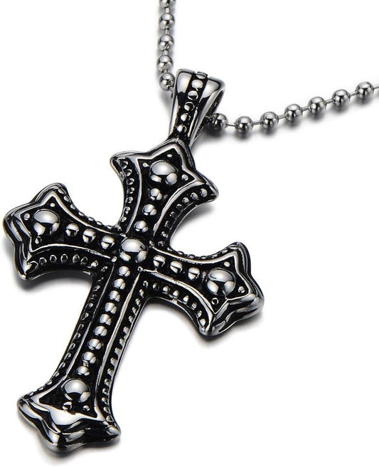 Men'S Stainless Steel Gothic Cross Necklace, Distressed Silver Tone Religious Pendant with Ball Chain, Vintage Biker Jewelry Gift
