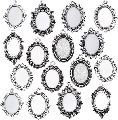 16 Pieces Bezel Pendant Trays, 18X25Mm Oval Pendant Trays Bezels Cabochon Settings Trays Pendant Blanks for Crafting DIY Jewelry Making - 8 Styles, Antique Silver