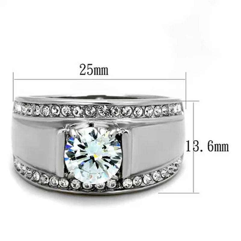 Men'S 2.25 Ct round Cut Simulated Diamond Silver Stainless Steel Ring Sizes 8-13