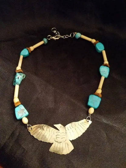 Mexico Sterling Silver Eagle and Turquoise Bone Bead Necklace