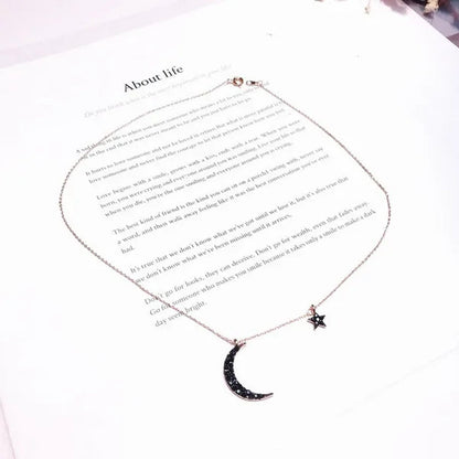 Fashion Black Diamond Star Moon Necklace Simple Moon Clavicle Chain Women