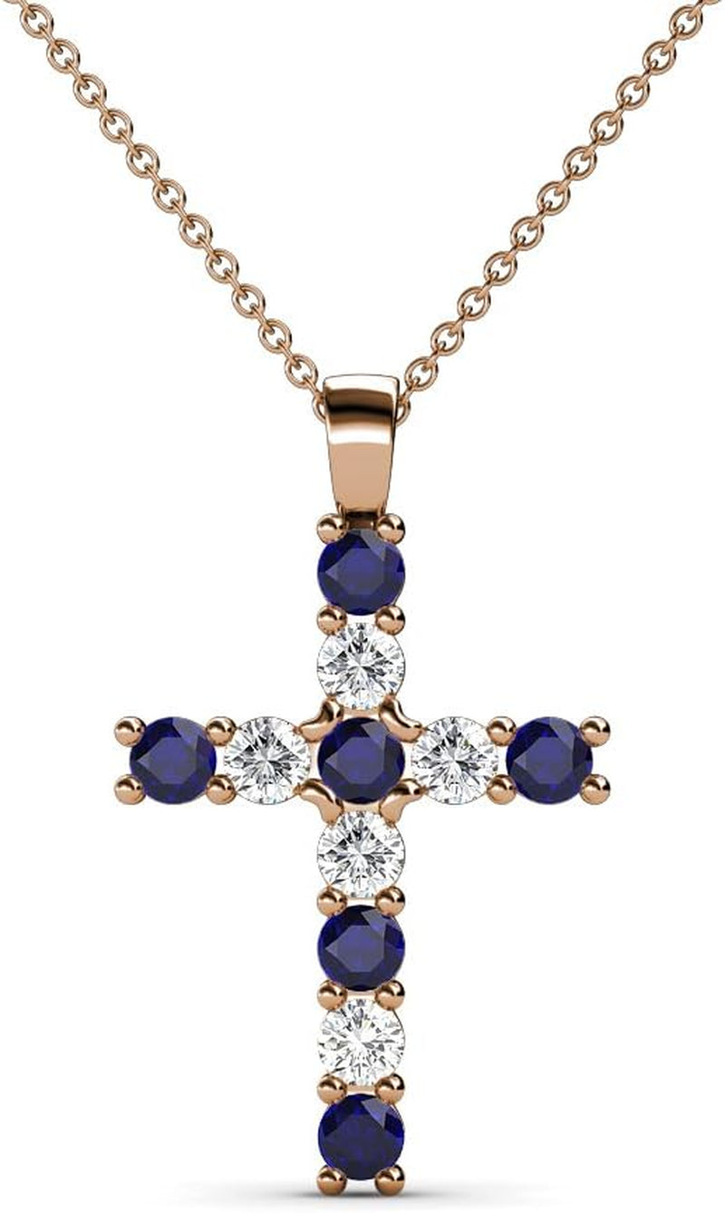 Petite Blue Sapphire & Natural Diamond (SI2-I1,G-H) Cross Pendant 0.34 Ctw 14K Gold. Included 16 Inches 14K Gold Chain.
