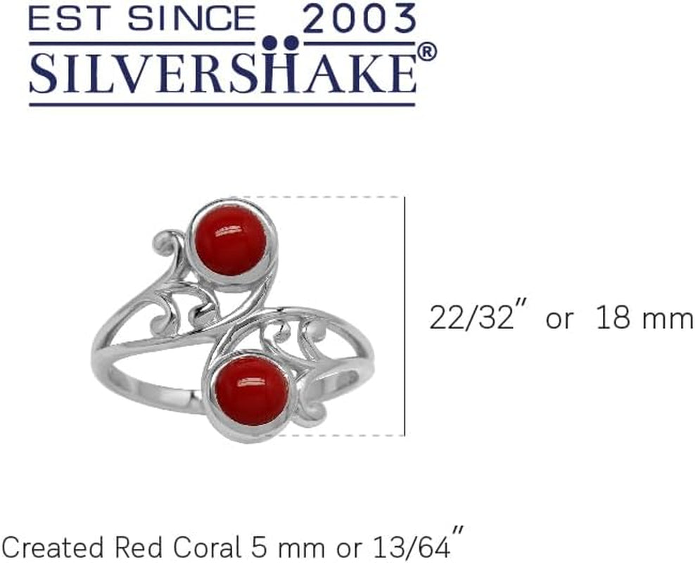 5Mm Created round Shape Red Coral 925 Sterling Silver Leaf and Swirl Style Bypass Ring Size 6