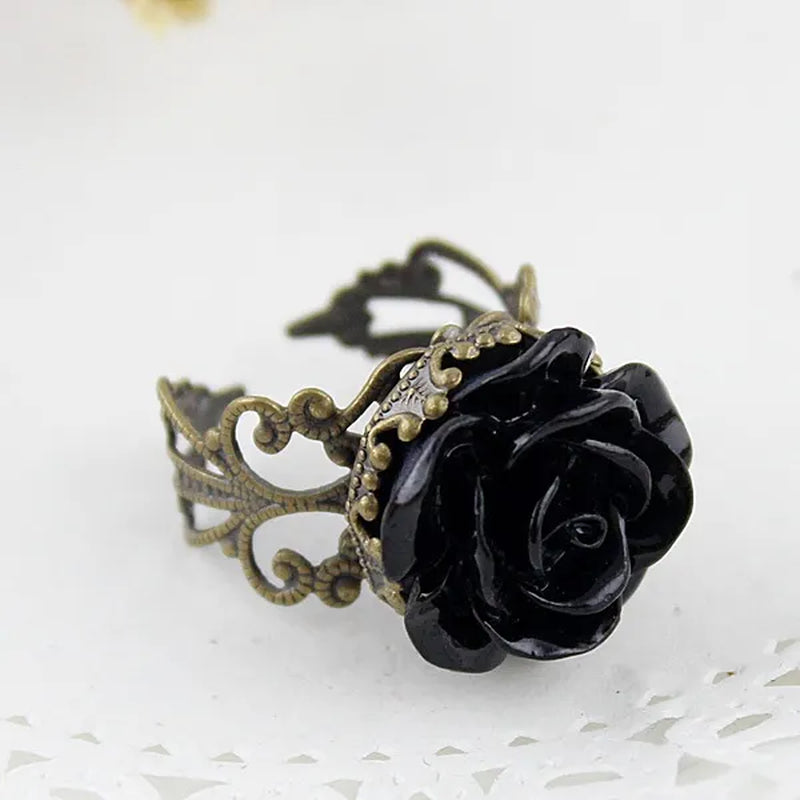 Vintage Jewelry Wholesale Hot Selling Promotion Bronze Alloy Gothic Black Rhinestone Rose Rings for Women