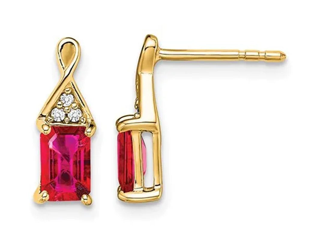1.00 Carat (Ctw) Emerald Cut Ruby Dangle Earrings in 14K Yellow Gold