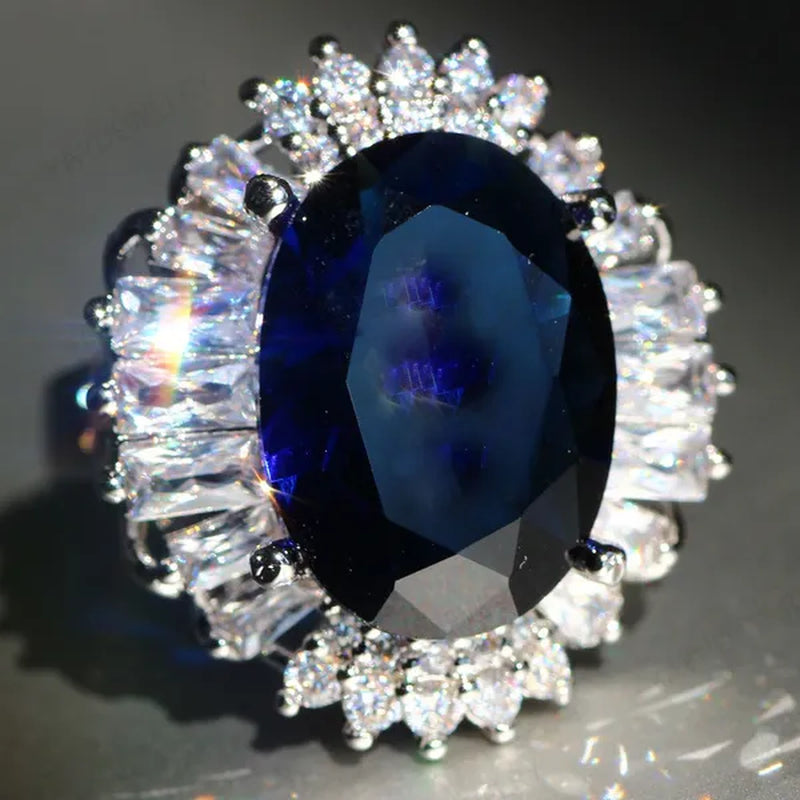 Silver Huge Oval Cut Natural Gemstones Sapphire Ring Wedding Birthstone Bride Engagement Bride Ellipse Ring Jewelry Band