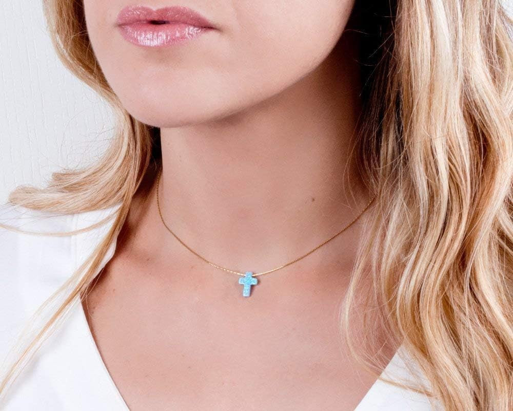 Opal Cross Choker Necklace – Thin Chain, Gold Filled or Silver, Blue or White, 13.5–16.5”