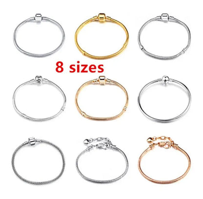 NEW Fashion 925 Sterling Silver White Flashing Double Sided Heart Snake Chain Bracelet for European Bangle Bracelet Jewelery Making DIY
