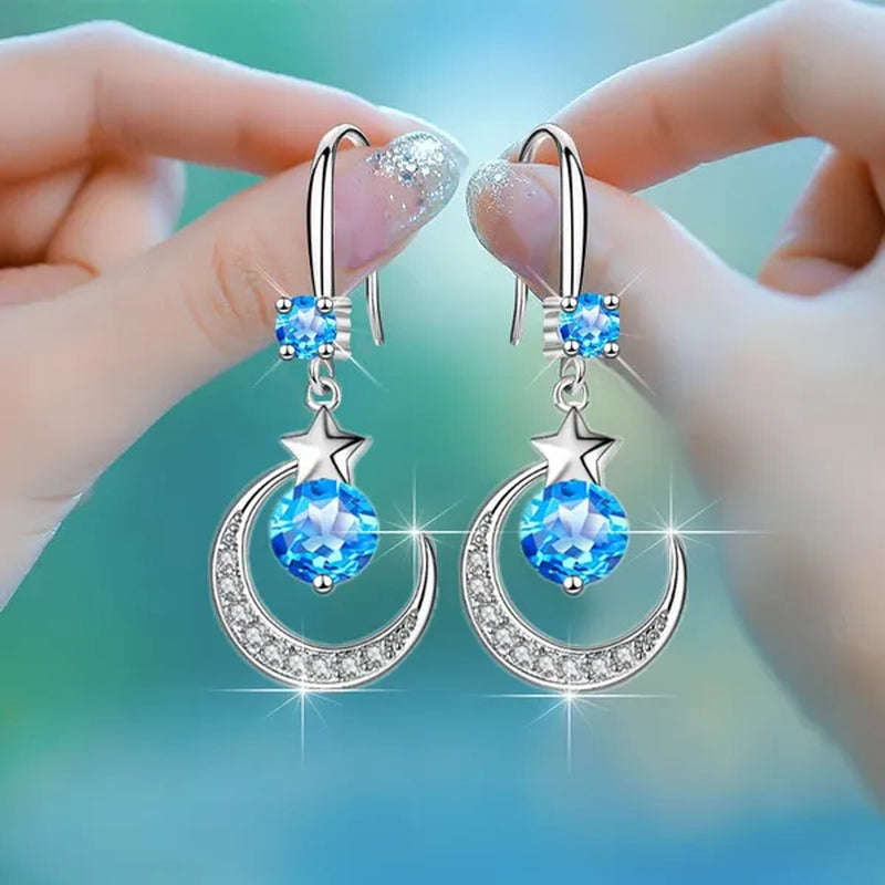 Female Fashion Star Moon Earrings Silver Plated Pink Blue White Cubic Zirconia Dangle Earrings Bride Wedding Engagement Anniversary Valentine'S Day Gift Jewelry
