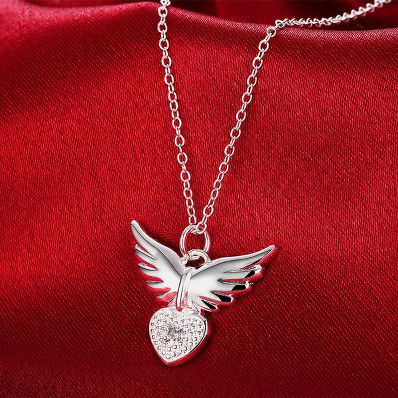 Pretty Women's 925 Sterling Silver Heart Shaped Angel Wings Pendant Diamonds Necklace(with Chain)
