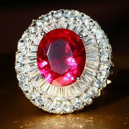 Luxurious  Silver Natural Gemstones Ruby And White Sapphire Wedding Birthstone Bride Engagement Multilevel Square Ring Jewelry Size 6 7 8 9 10