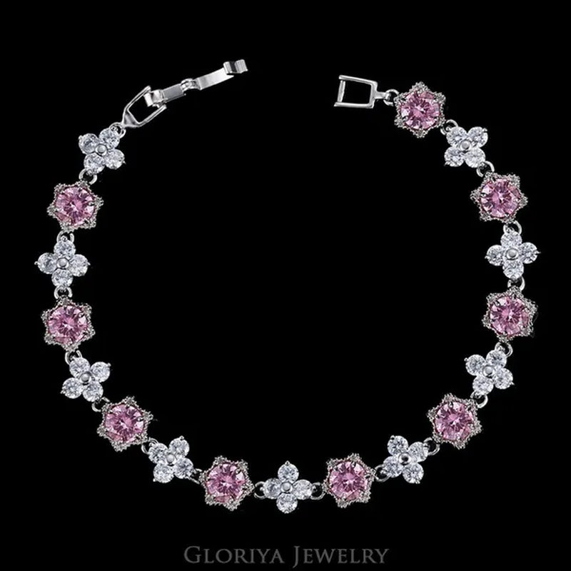 Gloriya Elegant Goddess Silver Plated Link Bracelet Cluster Flower Shape White and Blue AAA Grade Zircon Charm Tennis Bracelet for Women