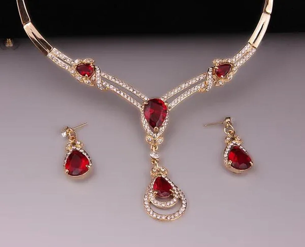 HOT Sale RED Garnet Ruby Topaz 18k Yellow/white Gold Plated Crystal Water Drop Necklace Earring Jewelry Set