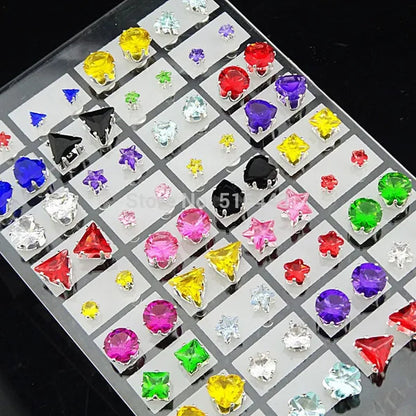 72Pcs (3M-7M)Mix Heart Stars round Square Cubic Zirconia Stainless Steel Fashion Stud Earrings for Womens Mens Wholesale Jewelry Lots A331