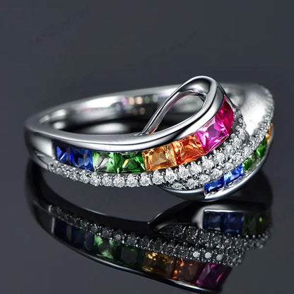 Princess  silver cut Ruby Emerald & Sapphire & Topaz & Ruby Multicolor Natural Gemstone Engagement Bride Ring Jewelry