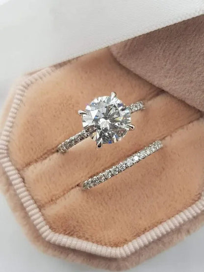 2Pcs/Set Exquisite Woman Fashion Accessories Classic White Crystal Zircon Wedding Rings Set Elegant Female Bride Jewelry Proposal Promise Anniversary Gift Romantic Princess Luxury Engagement Ring Size 4-12 Bague Femme