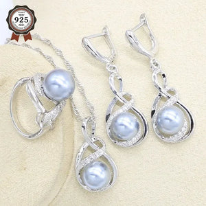 1/4Pcs Women Wedding Jewelry Set Gray Pearl Silver Color Bracelet Earring Necklace Pendant Ring Birthday Gift
