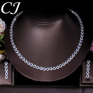 CANDICE Classic Round Cut Blue Choker Necklace Earrings Top Grade AAA+ CZ Stone Women Evening Jewelry Sets For Party