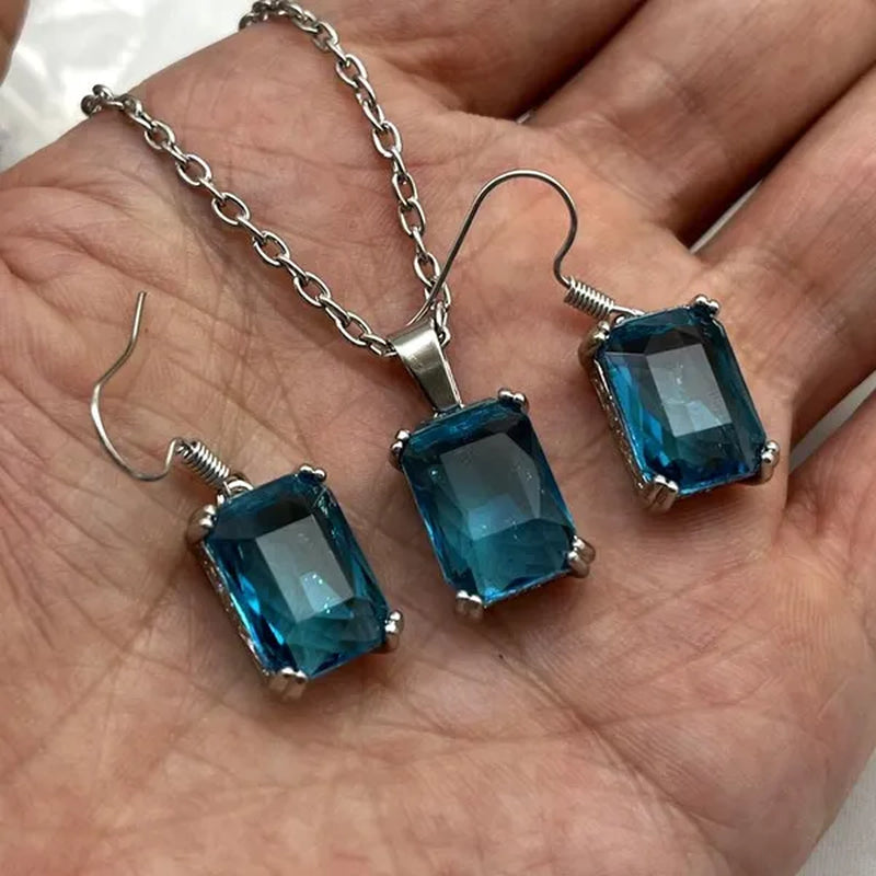 3Pcs/Set Women Colorful / Red /Blue/ Green Gemstone 925 Silver Plated Earrings Pendants Necklace Jewelry Sets Valentine Gifts (choose Color)