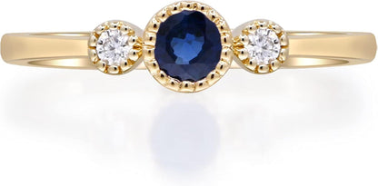 Gin and Grace 10K Yellow Gold Genuine Blue Sapphire Ring with Diamonds|Ethically, Authentically & Organically Sourced (Round-Cut) Shaped Sapphire Hand-Crafted Jewelry for Her | Sapphire Ring for Women Holiday Gifts