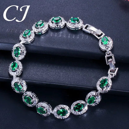 CANDICE Silver Plated Link Chain Bracelets Round Green Crystal Fashion Jewelry For Lady（Extended Clasp）