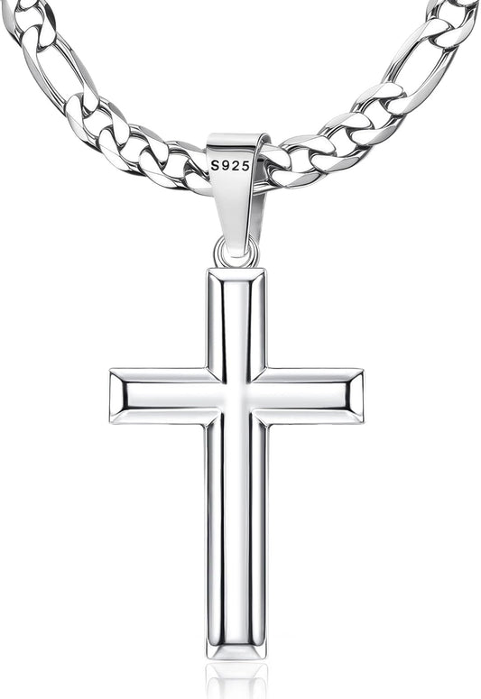 925 Sterling Silver Cross Necklace for Men Women - 5Mm Durable 316L Stainless Steel Figaro Link Chain with Beveled Edge Cross Pendant, Silver Crucifix Necklaces Jewelry, 16-30'' Christian Baptism Gift