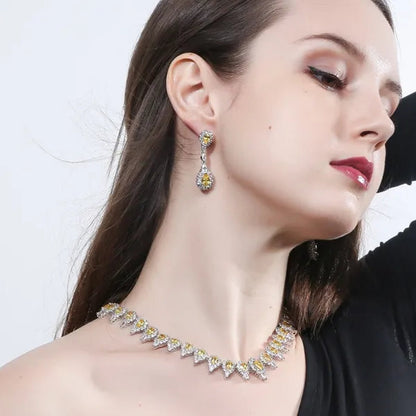 CANDICE White Gold Plating Sparkling Cubic Zirconia Choker Necklace Sets with Dangle Earrings Inlay Crystal Citrine Yellow Stone Evening Party Jewelry Set for Women