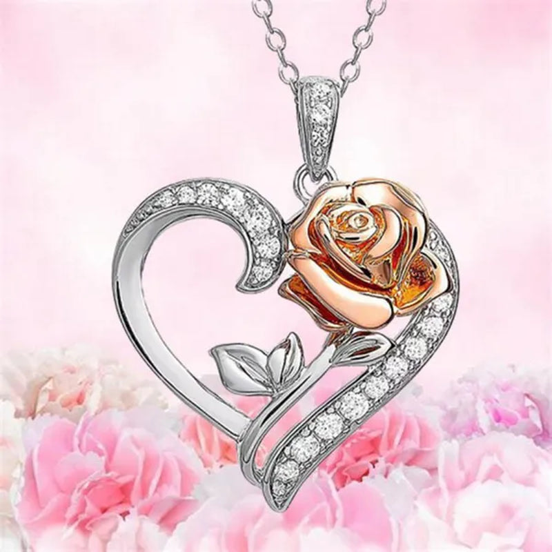 Exquisite Fashion Heart Rose Zircon Necklace Couple Heart Pendant Engagement Necklaces for Women Rose Jewelry Wedding Accessories Birthday Party Anniversary Gift