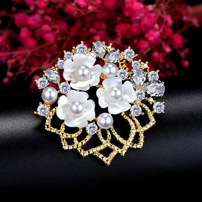 Gloriya Natural Shell Flower with Freshwater Pearl Exquisite Brooch Inlaid Sparkly AAA CZ Diamond Lapel Pin Jewelry Wedding Bouquets