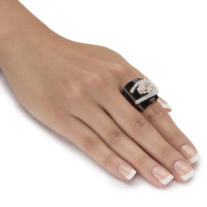 Genuine Black Onyx and Round Crystal Leopard Cocktail Ring with Green Crystal Accents Gold-Plated