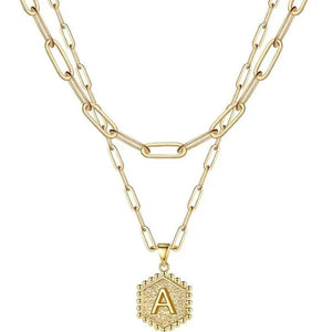 Dainty Layered Initial Necklaces for Women, 14K Gold Plated Paperclip Chain Necklace Simple Cute Hexagon Letter Pendant Initial Choker Necklace Gold Layered Necklaces for Women