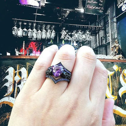 Gothic Black Rose Flower Skull Engagement Rings Set Red Purple Heart-shaped Zircon Crystal Wedding Anniversary Holiday Gift Jewelry Halloween Gifts