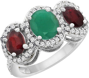14K White Gold Natural Cabochon Emerald & Enhanced Ruby 3-Stone Ring Oval Diamond Accent, Sizes 5-10