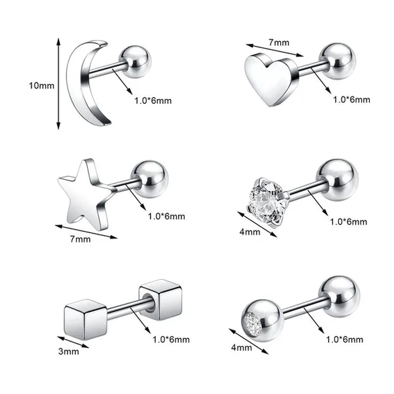 6 Pairs 5 Colors Stainless Steel Tiny Stud Earrings for Women Girls Heart Moon Star Crystal CZ Earrings Cartilage Helix Ear Piercing Set